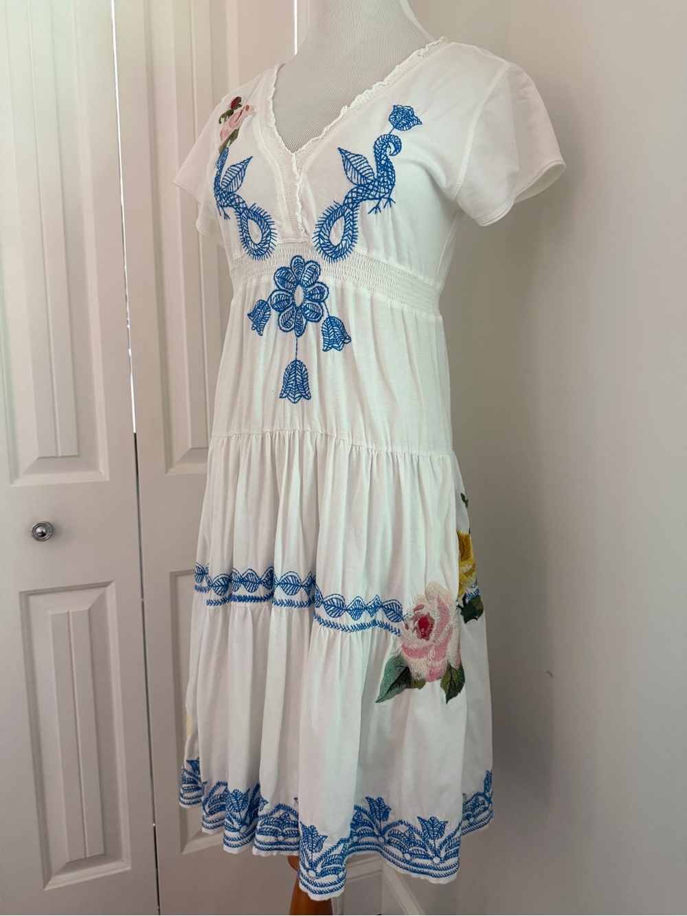 Johnny Was White Midi Dress with Blue Embroidery & Pink Floral - Picture 4 of 12